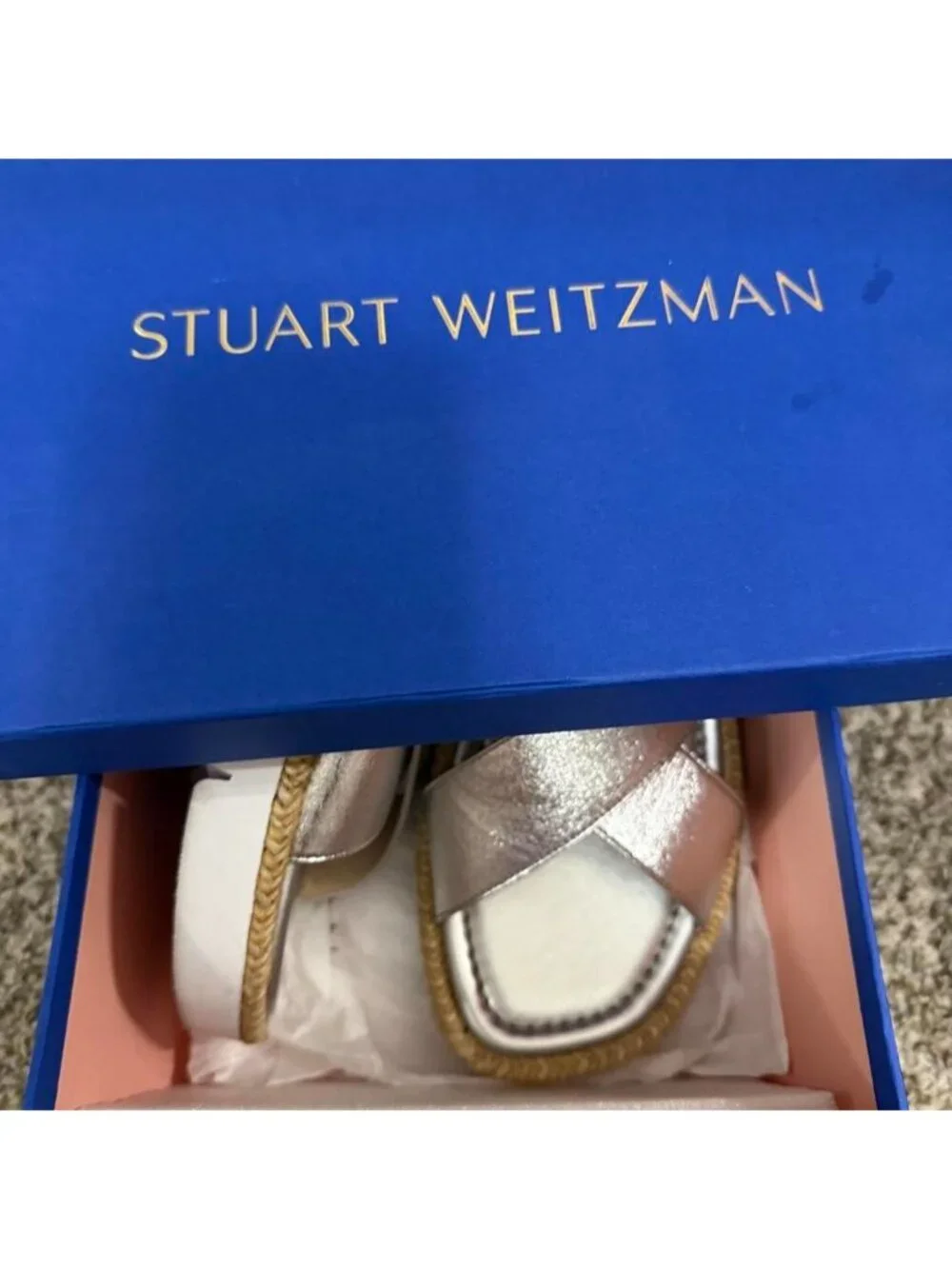 Stuart Weitzman S0934 Silver Metallic Platform Slide Sandals Women's 8.5 w/ Box